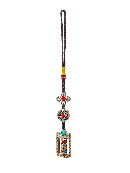 Buddhist Ritual Amulet Hanging With Double Dorje And Prayer Wheel, For Wall, Altar, Bags And Keyring