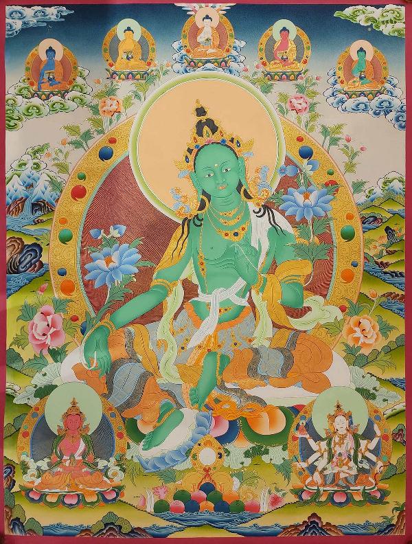 Green Tara Thangka, Tibetan Buddhist Art, Hand Painted, [real Gold], [three Goddess Of Divine Grace] And, [pancha Buddha]