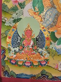 Green Tara Thangka, Tibetan Buddhist Art, Hand Painted, [real Gold], [three Goddess Of Divine Grace] And, [pancha Buddha]