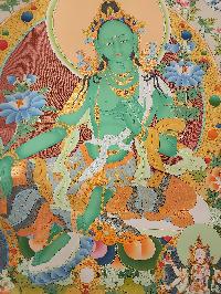 Green Tara Thangka, Tibetan Buddhist Art, Hand Painted, [real Gold], [three Goddess Of Divine Grace] And, [pancha Buddha]