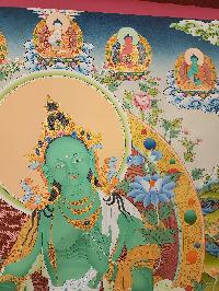 Green Tara Thangka, Tibetan Buddhist Art, Hand Painted, [real Gold], [three Goddess Of Divine Grace] And, [pancha Buddha]