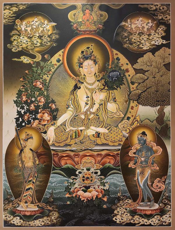 White Tara Thangka, Tibetan Buddhist Art, Hand Painted, [real Gold], [three Goddess Of Divine Grace], [master Quality], [rare Find]