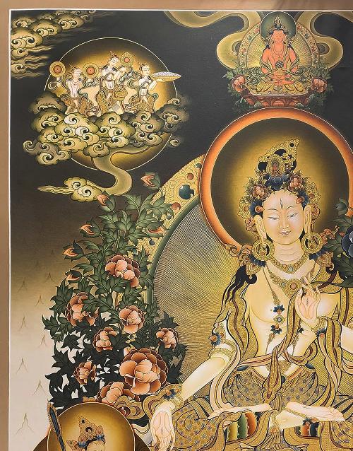 White Tara Thangka, Tibetan Buddhist Art, Hand Painted, [real Gold], [three Goddess Of Divine Grace], [master Quality], [rare Find]