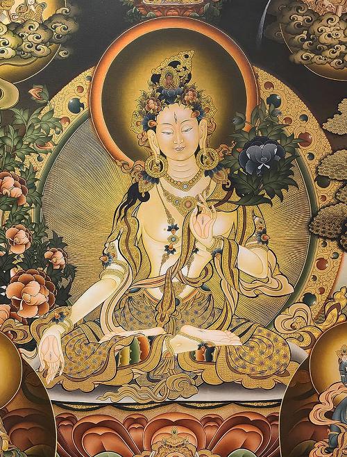 White Tara Thangka, Tibetan Buddhist Art, Hand Painted, [real Gold], [three Goddess Of Divine Grace], [master Quality], [rare Find]