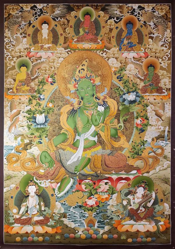Green Tara, Tibetan Buddhist Art, Hand Painted, [real Gold], [three Goddess Of Divine Grace] And [pancha Buddha]
