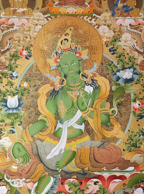 Green Tara, Tibetan Buddhist Art, Hand Painted, [real Gold], [three Goddess Of Divine Grace] And [pancha Buddha]