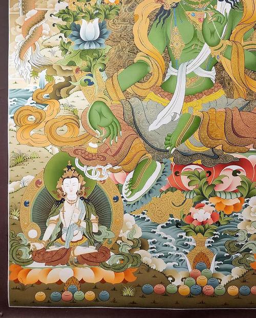 Green Tara, Tibetan Buddhist Art, Hand Painted, [real Gold], [three Goddess Of Divine Grace] And [pancha Buddha]