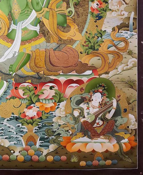 Green Tara, Tibetan Buddhist Art, Hand Painted, [real Gold], [three Goddess Of Divine Grace] And [pancha Buddha]