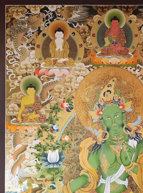 Green Tara, Tibetan Buddhist Art, Hand Painted, [real Gold], [three Goddess Of Divine Grace] And [pancha Buddha]