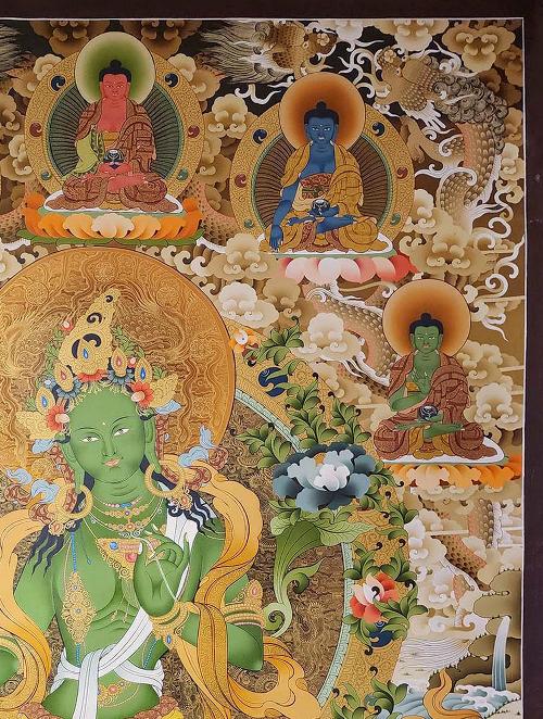 Green Tara, Tibetan Buddhist Art, Hand Painted, [real Gold], [three Goddess Of Divine Grace] And [pancha Buddha]