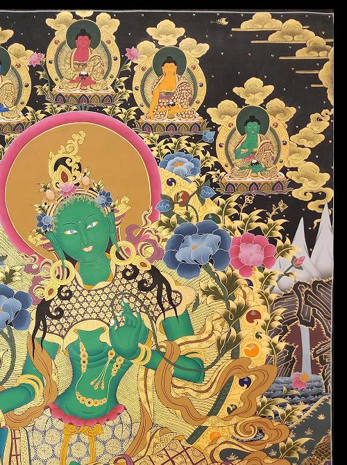 Green Tara Thangka, Tibetan Buddhist Art, Hand Painted, [real Gold]