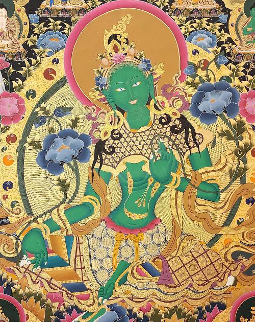 Green Tara Thangka, Tibetan Buddhist Art, Hand Painted, [real Gold]
