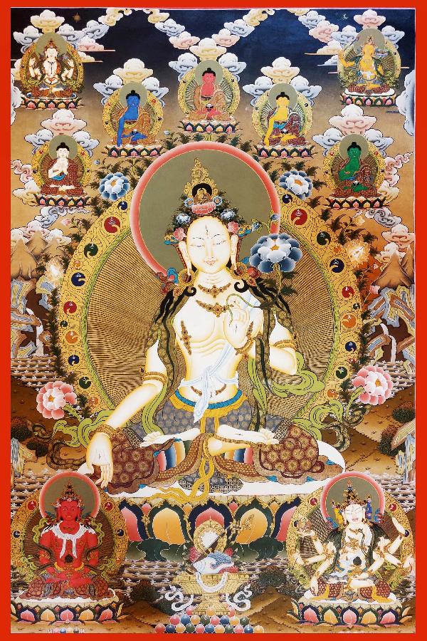 White Tara Thangka, Tibetan Buddhist Art, Hand Painted, [real Gold], [three Long Life Deities], [master Quality]