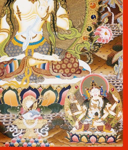 White Tara Thangka, Tibetan Buddhist Art, Hand Painted, [real Gold], [three Long Life Deities], [master Quality]