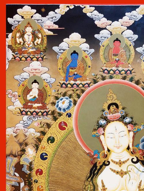 White Tara Thangka, Tibetan Buddhist Art, Hand Painted, [real Gold], [three Long Life Deities], [master Quality]