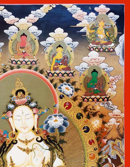 White Tara Thangka, Tibetan Buddhist Art, Hand Painted, [real Gold], [three Long Life Deities], [master Quality]