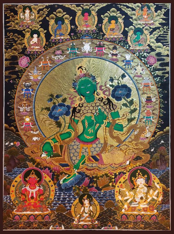 Green Tara Thanka, Realgold, Tibetan Buddhist Art, Hand Painted, [real Gold], [three Goddess Of Divine Grace], [pancha Buddha]