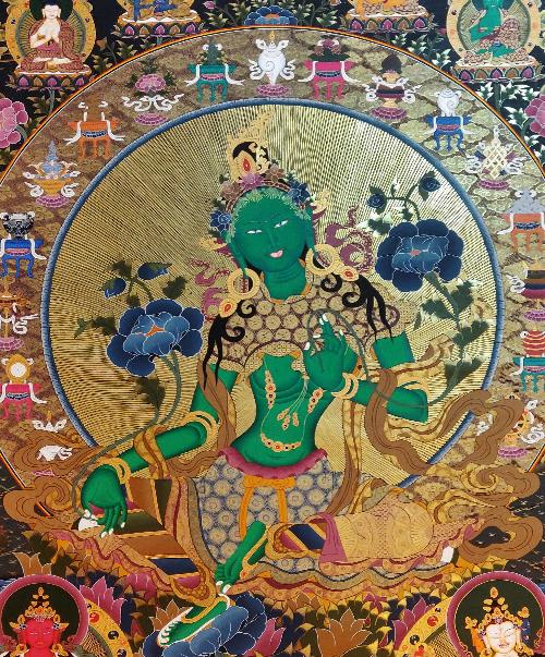 Green Tara Thanka, Realgold, Tibetan Buddhist Art, Hand Painted, [real Gold], [three Goddess Of Divine Grace], [pancha Buddha]