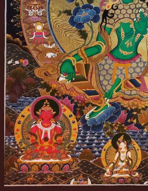 Green Tara Thanka, Realgold, Tibetan Buddhist Art, Hand Painted, [real Gold], [three Goddess Of Divine Grace], [pancha Buddha]