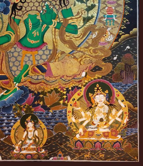Green Tara Thanka, Realgold, Tibetan Buddhist Art, Hand Painted, [real Gold], [three Goddess Of Divine Grace], [pancha Buddha]