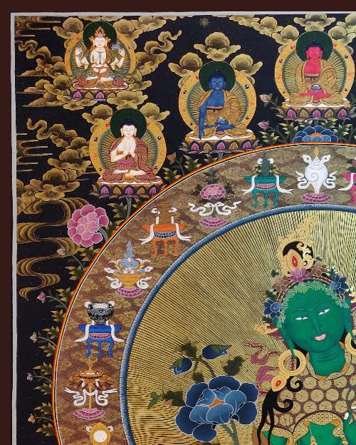 Green Tara Thanka, Realgold, Tibetan Buddhist Art, Hand Painted, [real Gold], [three Goddess Of Divine Grace], [pancha Buddha]