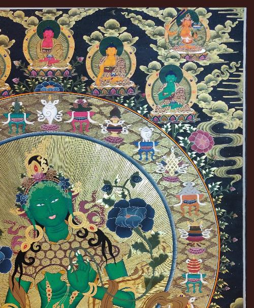 Green Tara Thanka, Realgold, Tibetan Buddhist Art, Hand Painted, [real Gold], [three Goddess Of Divine Grace], [pancha Buddha]