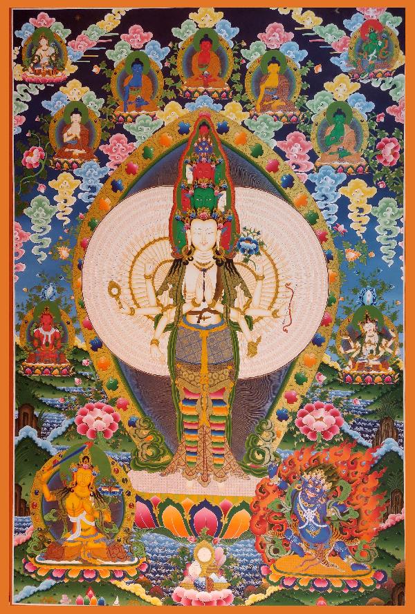 Avalotitesvara Thangka, Tibetan Buddhist Art, Hand Painted, [real Gold], [three Great Bodhisattvas], [pancha Buddha]