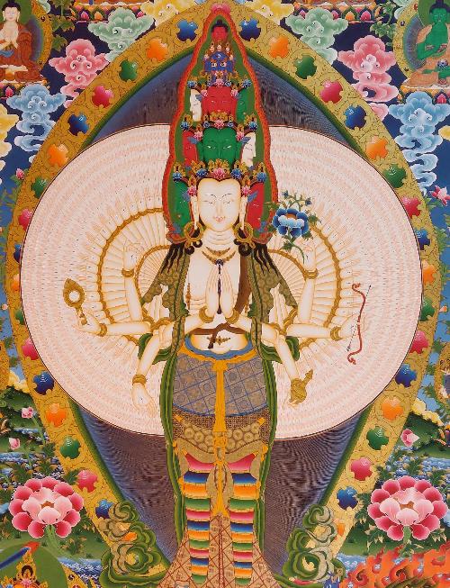 Avalotitesvara Thangka, Tibetan Buddhist Art, Hand Painted, [real Gold], [three Great Bodhisattvas], [pancha Buddha]