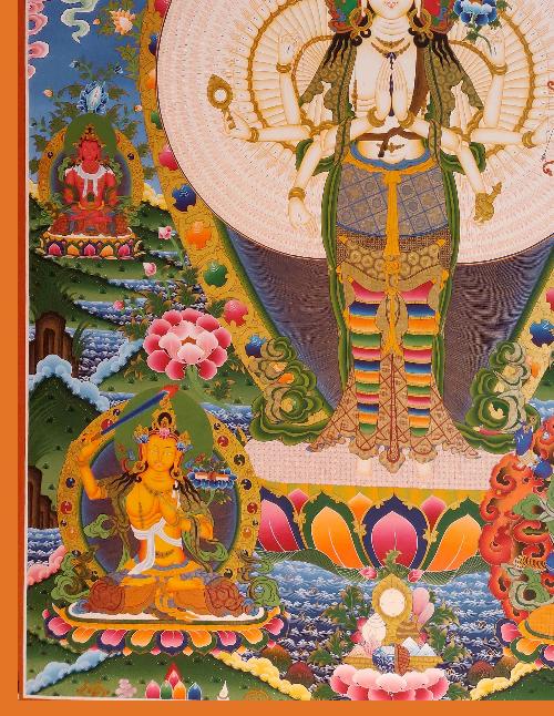 Avalotitesvara Thangka, Tibetan Buddhist Art, Hand Painted, [real Gold], [three Great Bodhisattvas], [pancha Buddha]