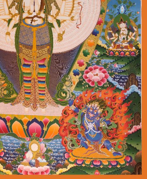 Avalotitesvara Thangka, Tibetan Buddhist Art, Hand Painted, [real Gold], [three Great Bodhisattvas], [pancha Buddha]