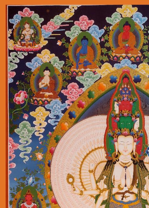 Avalotitesvara Thangka, Tibetan Buddhist Art, Hand Painted, [real Gold], [three Great Bodhisattvas], [pancha Buddha]