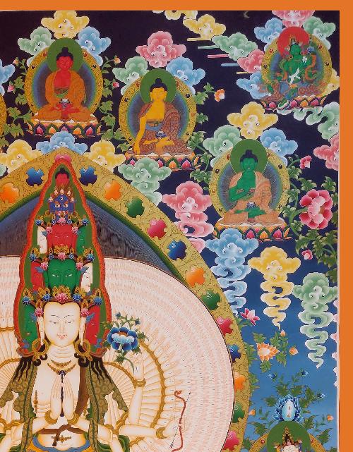 Avalotitesvara Thangka, Tibetan Buddhist Art, Hand Painted, [real Gold], [three Great Bodhisattvas], [pancha Buddha]