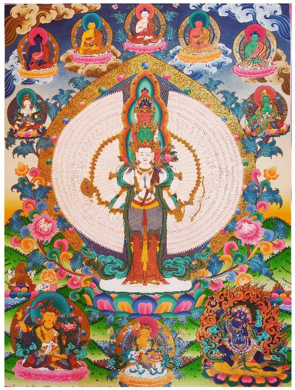 Sahasrabhuja Avalokitesvara Thangka, Tibetan Buddhist Art, Hand Painted, [real Gold], [three Great Bodhisattvas], [pancha Buddha]