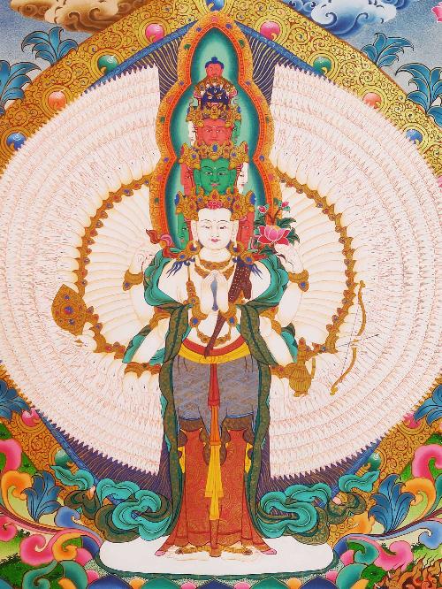 Sahasrabhuja Avalokitesvara Thangka, Tibetan Buddhist Art, Hand Painted, [real Gold], [three Great Bodhisattvas], [pancha Buddha]