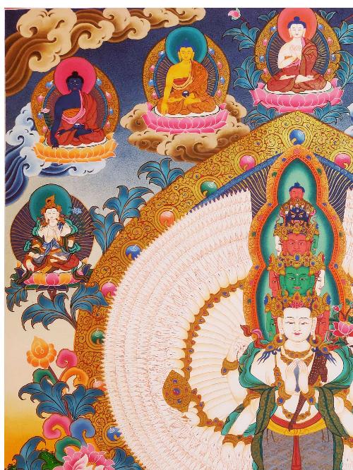 Sahasrabhuja Avalokitesvara Thangka, Tibetan Buddhist Art, Hand Painted, [real Gold], [three Great Bodhisattvas], [pancha Buddha]