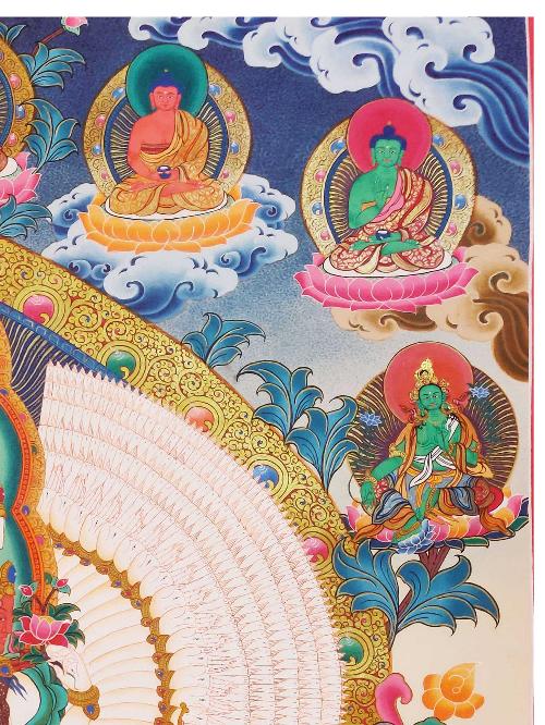Sahasrabhuja Avalokitesvara Thangka, Tibetan Buddhist Art, Hand Painted, [real Gold], [three Great Bodhisattvas], [pancha Buddha]