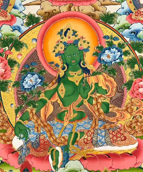 Green Tara Thangka, Tibetan Buddhist Art, Hand Painted, [real Gold]
