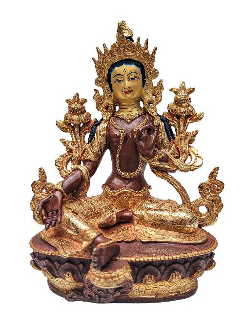 [green Tara], Buddhist Handmade Statue, [partly Gold Plated] With [face Painted]