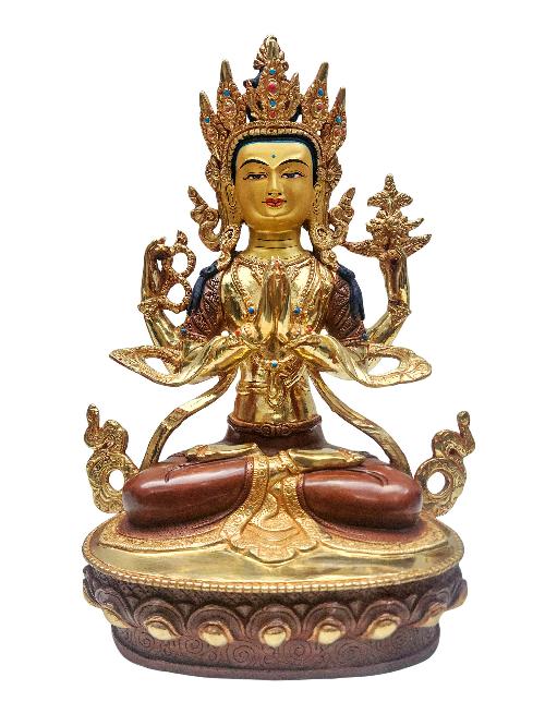 [chenrezig], Buddhist Handmade Statue, [partly Gold Plated] With [face Painted]