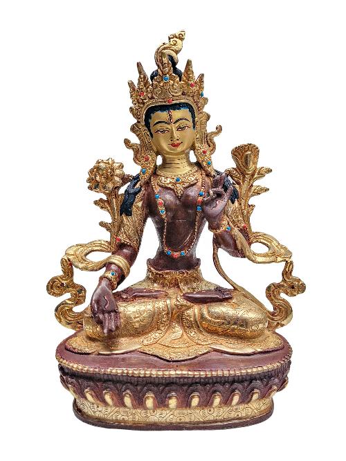 [white Tara], Buddhist Handmade Statue, [partly Gold Plated] With [face Painted]