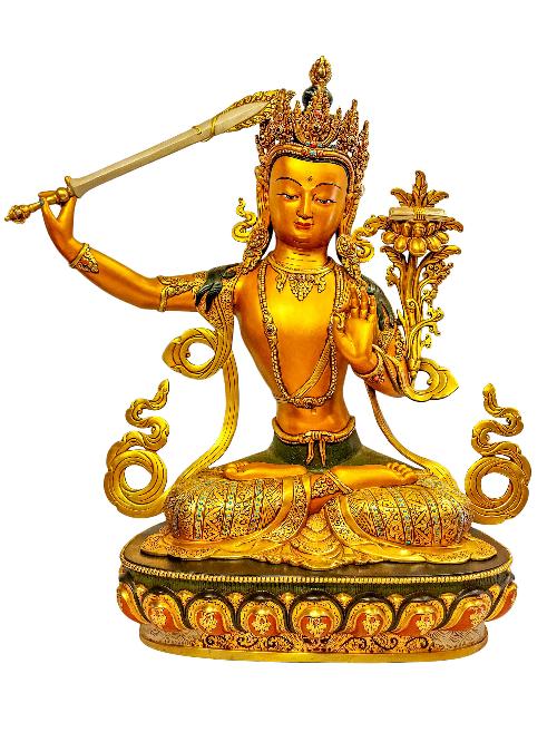 [manjushri], Buddhist Handmade Statue, [partly Gold Plated] With [face Painted], [master Quality]