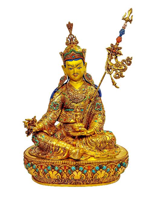 [padmasambhava], Buddhist Handmade Statue, [gold Plated], [stone Setting] With [face Painted], [master Quality]