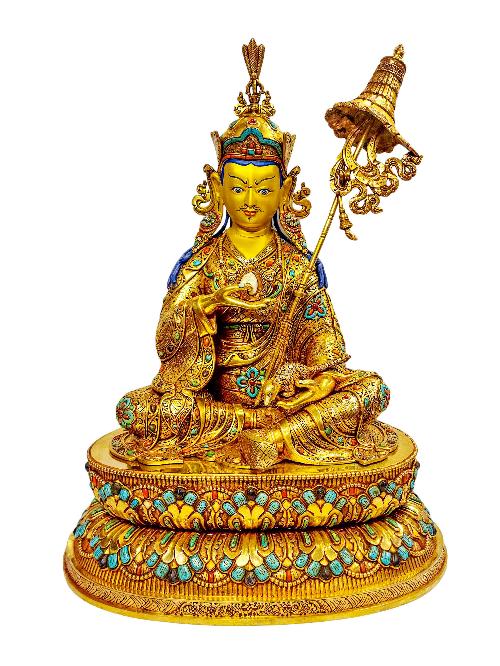 [padmasambhava], Buddhist Handmade Statue With Double Base, [gold Plated], [stone Setting] With [face Painted], [master Quality]