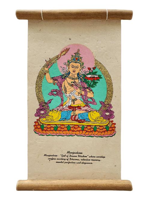 Manjushri, Buddhist Scroll, Made In Lokta Paper, [screen Printed], And Hand-painted