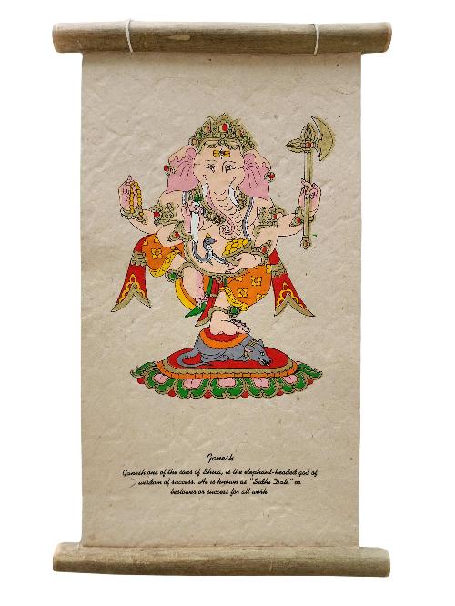 Ganesh, Buddhist Scroll, Made In Lokta Paper, [screen Printed], And Hand-painted