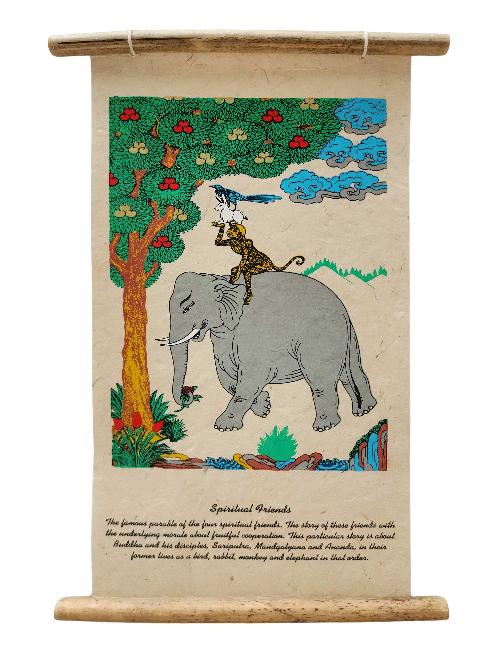 Four Friends, Buddhist Scroll, Made In Lokta Paper, [screen Printed], And Hand-painted, Spiritual Friends