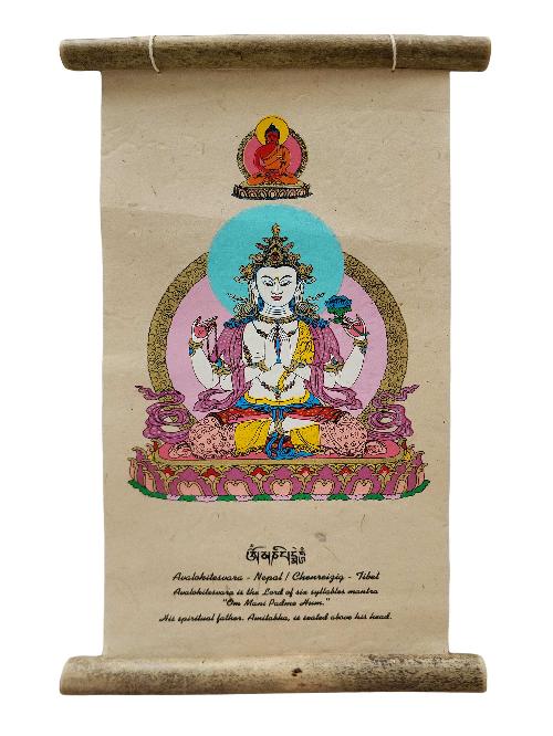 Chenrezig, Buddhist Scroll, Made In Lokta Paper, [screen Printed], And Hand-painted