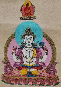 Chenrezig, Buddhist Scroll, Made In Lokta Paper, [screen Printed], And Hand-painted