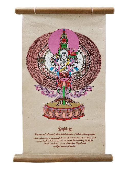 Sahasrabhuja Avalokitesvara, Buddhist Scroll, Made In Lokta Paper, [screen Printed], And Hand-painted
