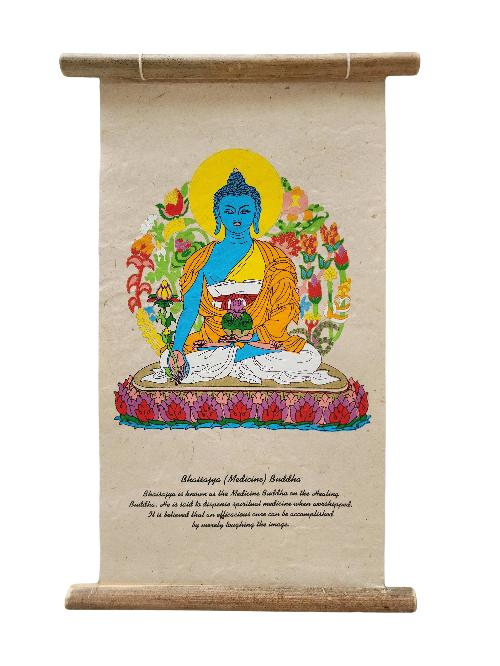 Medicine Buddha, Buddhist Scroll, Made In Lokta Paper, [screen Printed], And Hand-painted